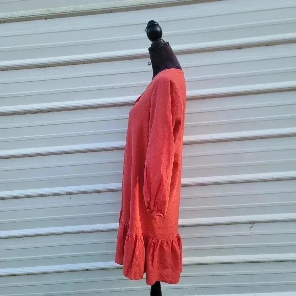 Chelsea & Theodore Dress PL Petite Women's Red Linen Blend Button Front Long Sle